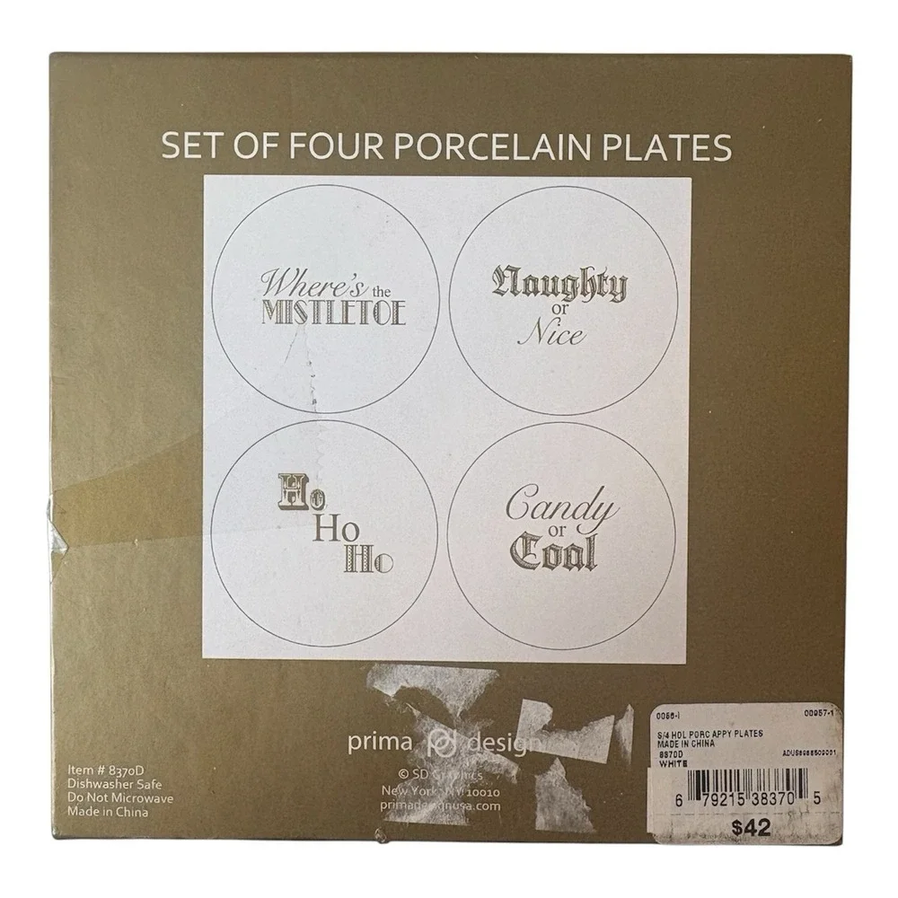 Prima Design Holiday Porcelain Appetizer Plates Set of 4 with Sayings NIB